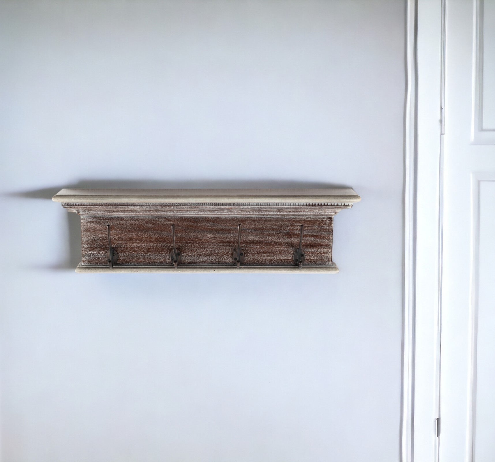 28" Brown Solid Wood Four Hook Wall Mount Coat Rack