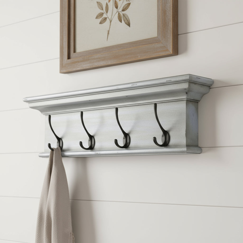 28" Black And Blue Solid Wood Four Hook Wall Mount Coat Rack