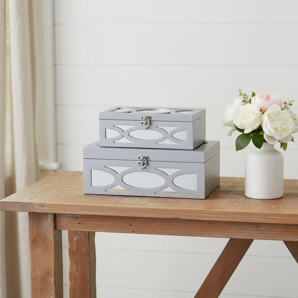 Set of Two Silver Mirrored Glass And Wood Box With Lid