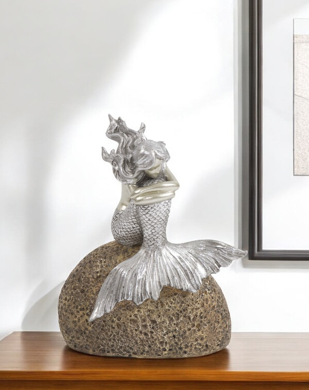 10" Brown and Silver Contemplative Mermaid Resin Tabletop Sculpture