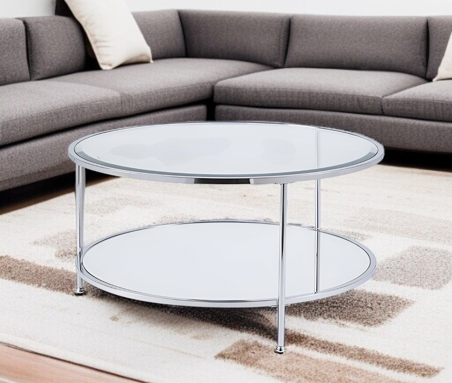 34" Chrome Glass And Metal Round Mirrored Coffee Table