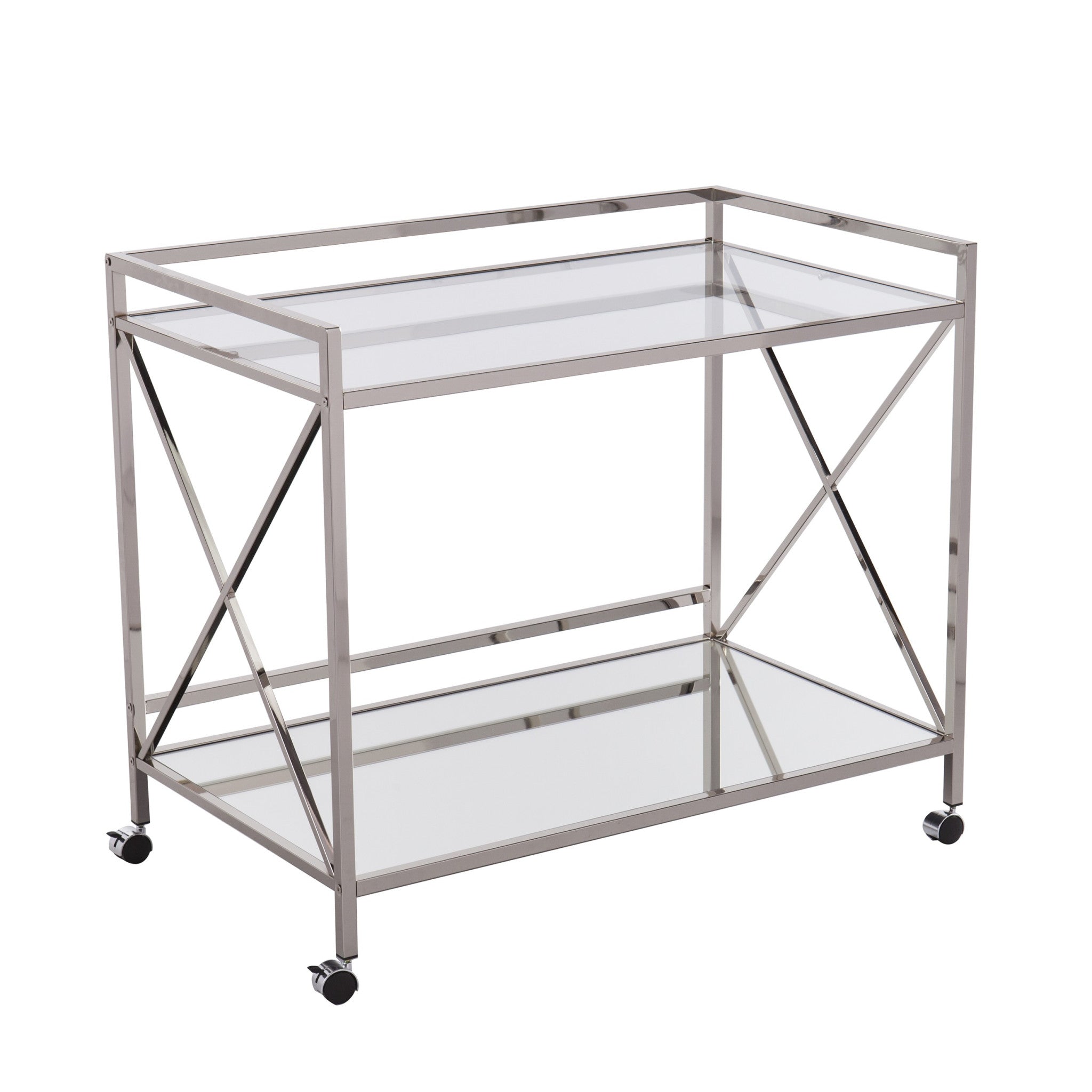 39" Silver Metal and Glass Rolling Bar Cart