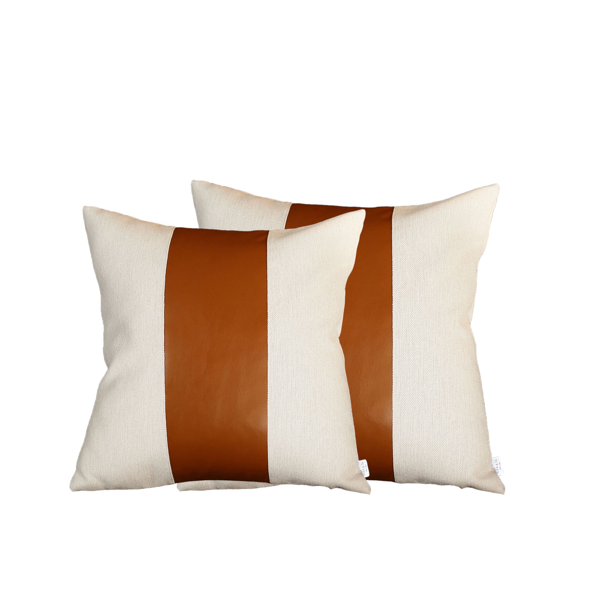 Set Of Four 20" X 20" Brown and Ivory Faux Leather Zippered Pillow Cover
