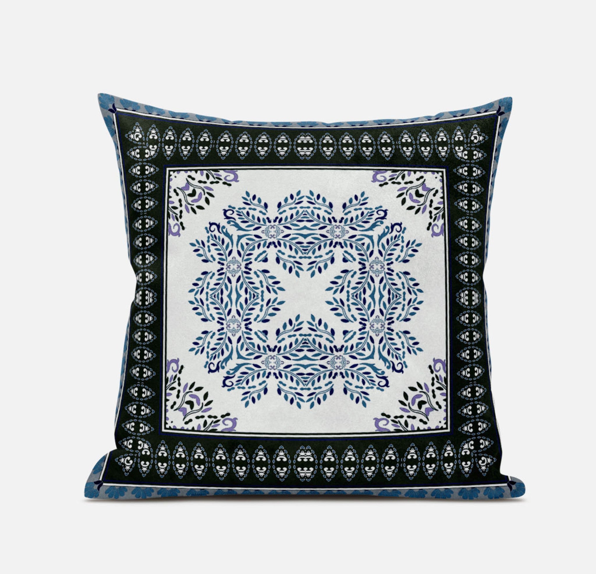 20" White Dark Blue and Light Blue Damask Indoor Outdoor Throw Pillow