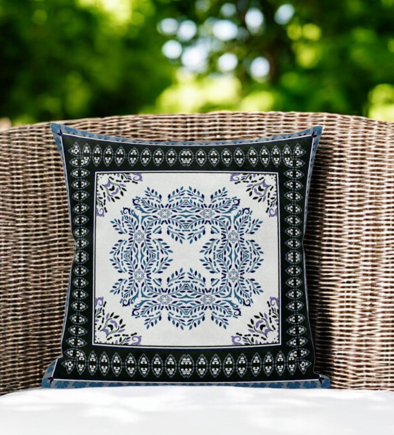 20" White Dark Blue and Light Blue Damask Indoor Outdoor Throw Pillow