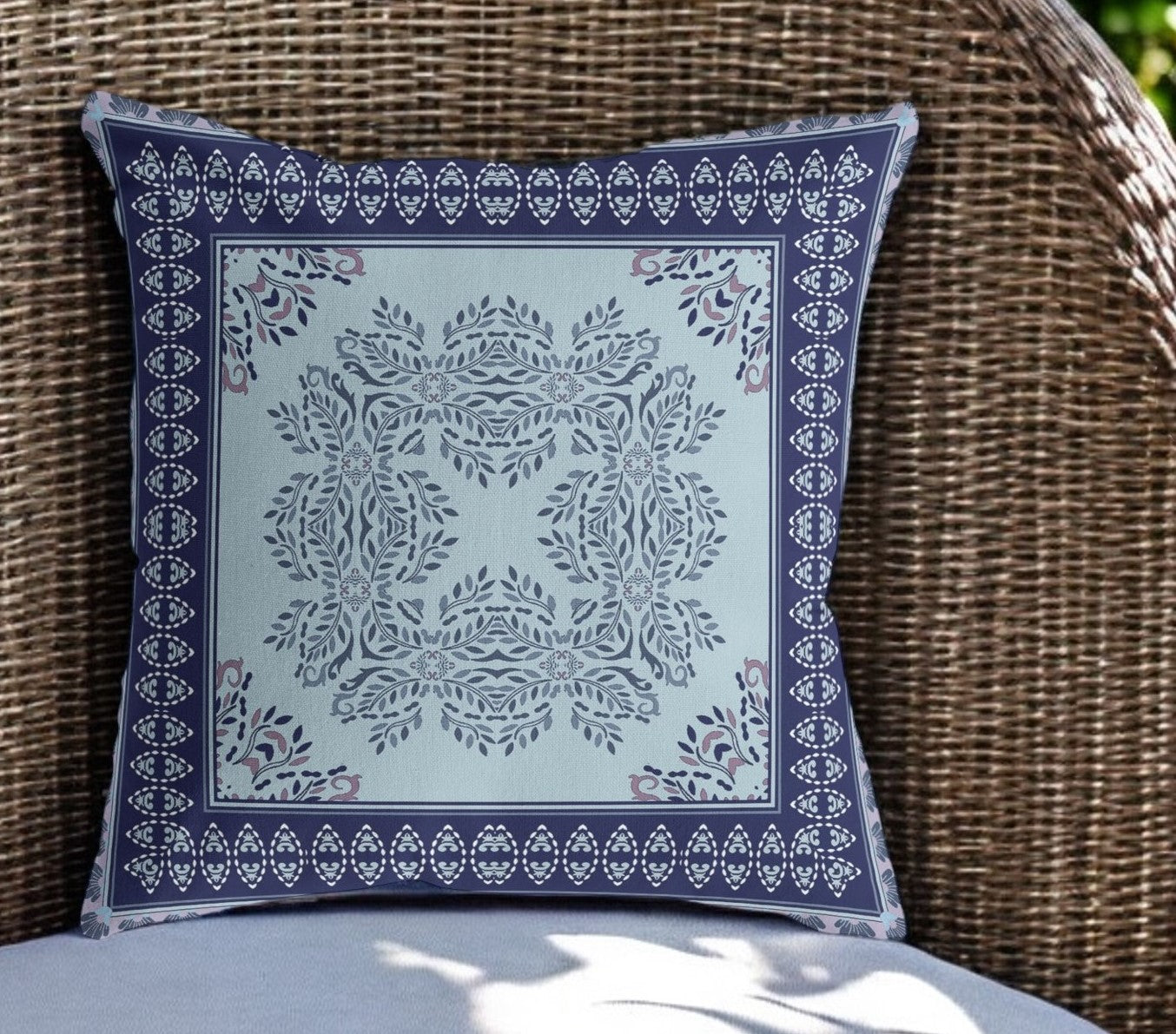 26" White Dark Blue and Light Blue Damask Indoor Outdoor Throw Pillow