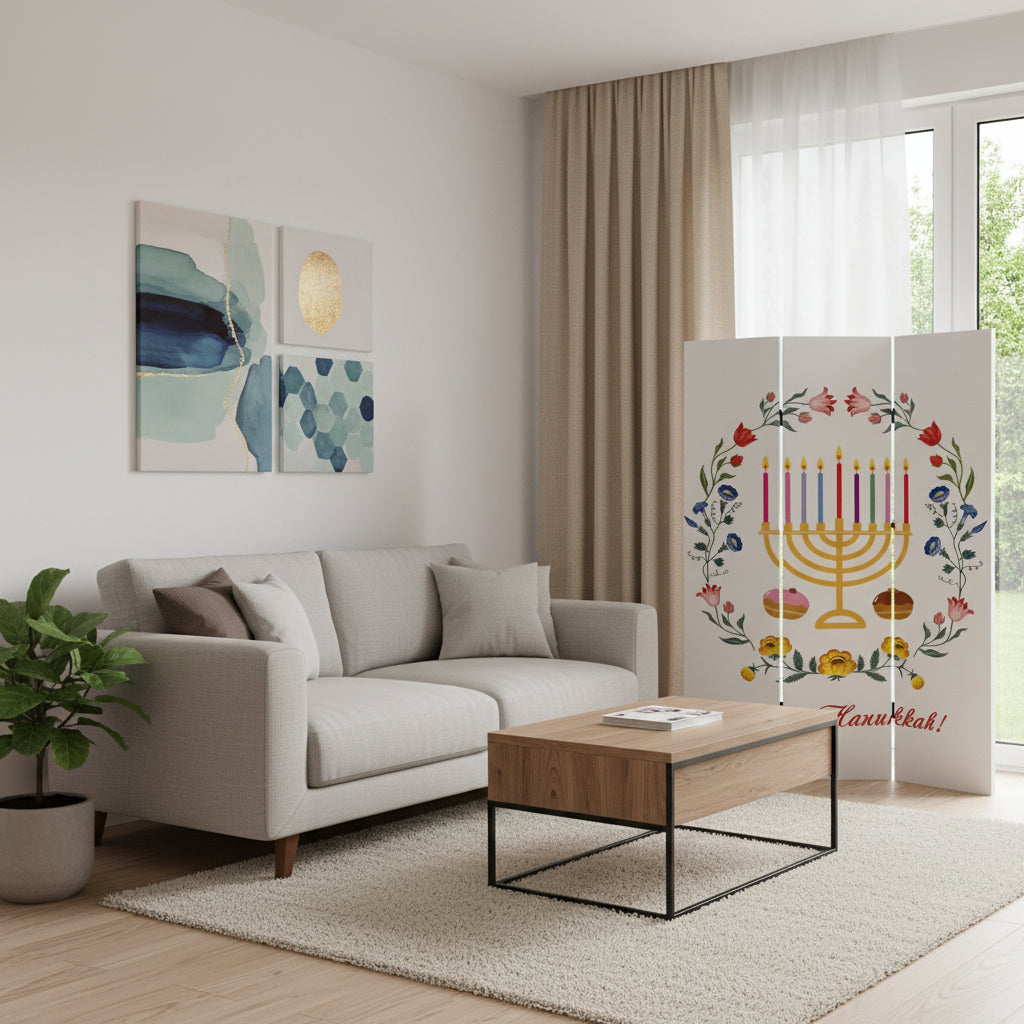 Celebratory Hanukkah Three Panel Room Divider Screen