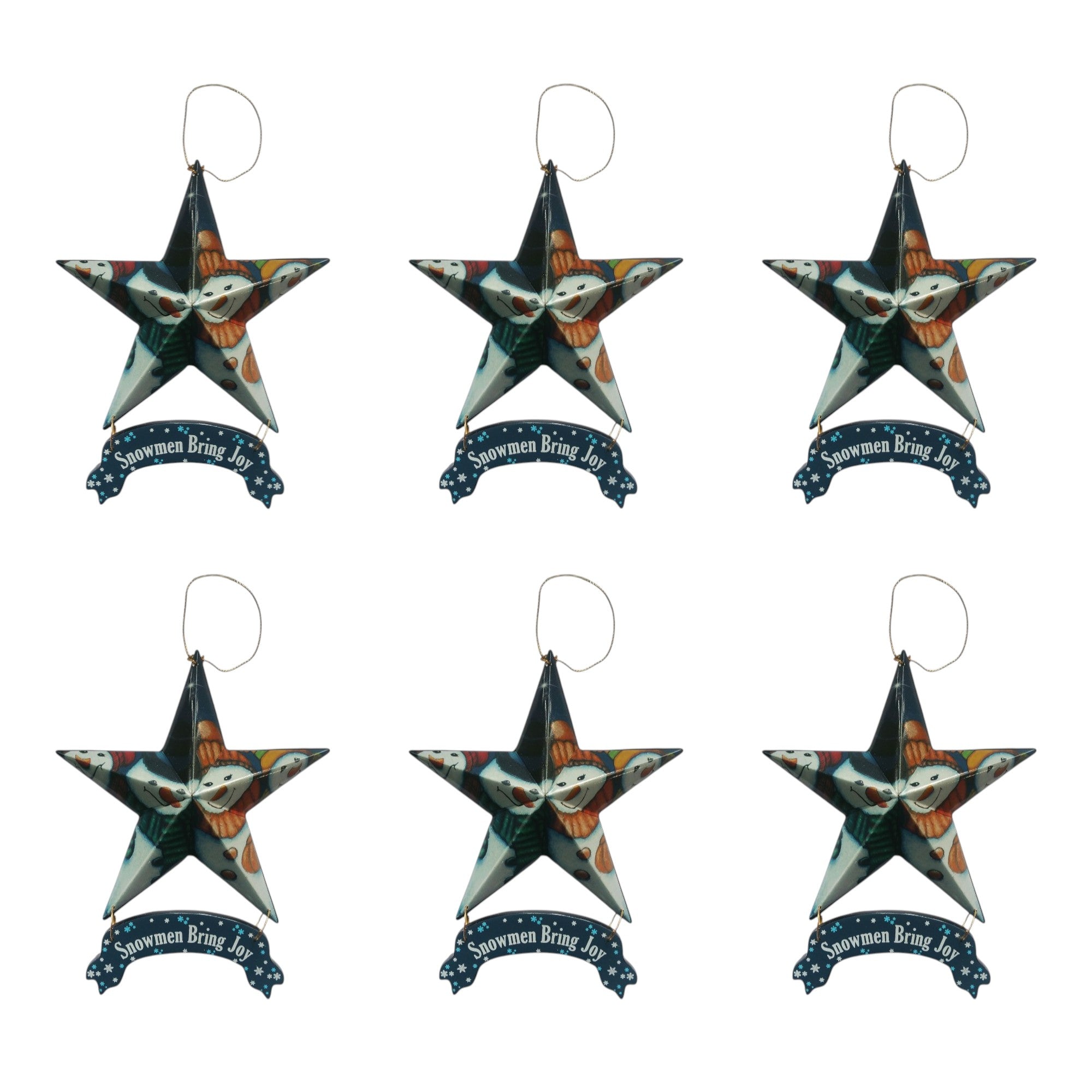 Set of Six Star Shaped Snowmen Joy Christmas Ornaments