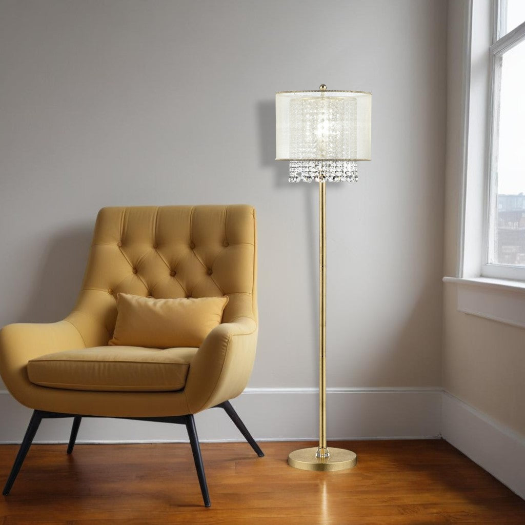 65" Gold And White Novelty Floor Lamp With White Fabric Drum Shade