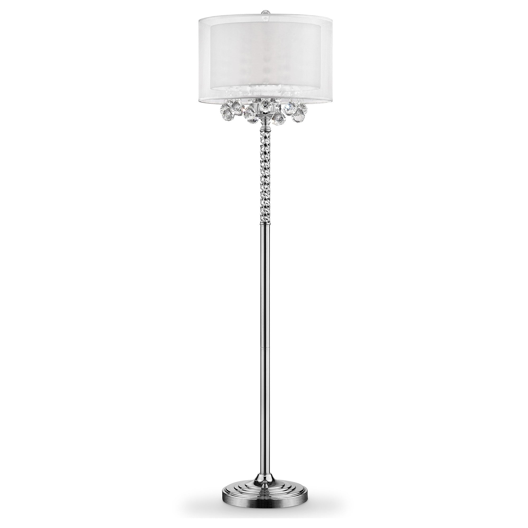 63" Silver Three Light Candelabra Floor Lamp With White Fabric Drum Shade