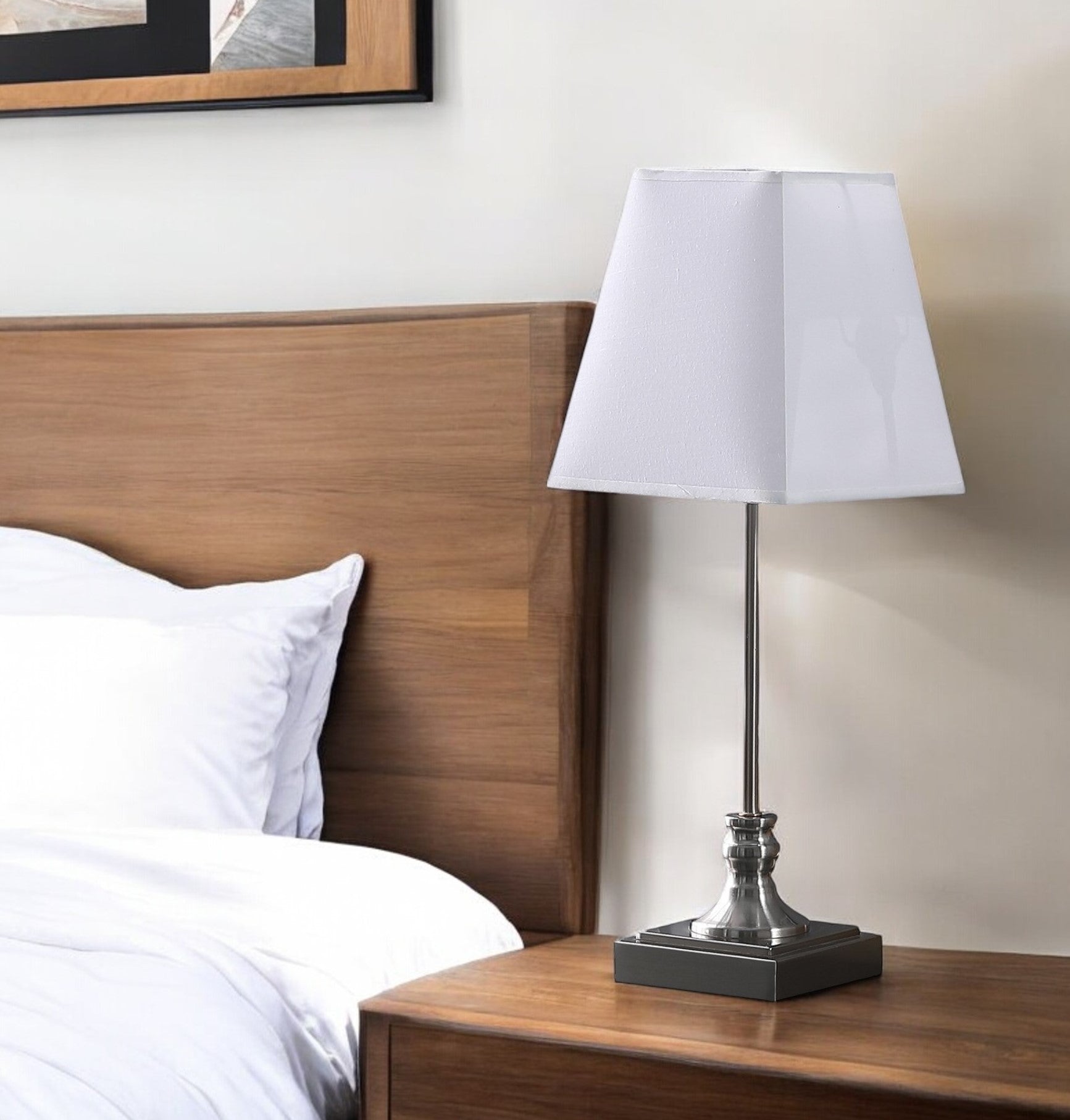 19" Silver Bedside Table Lamp With White Empire Shade