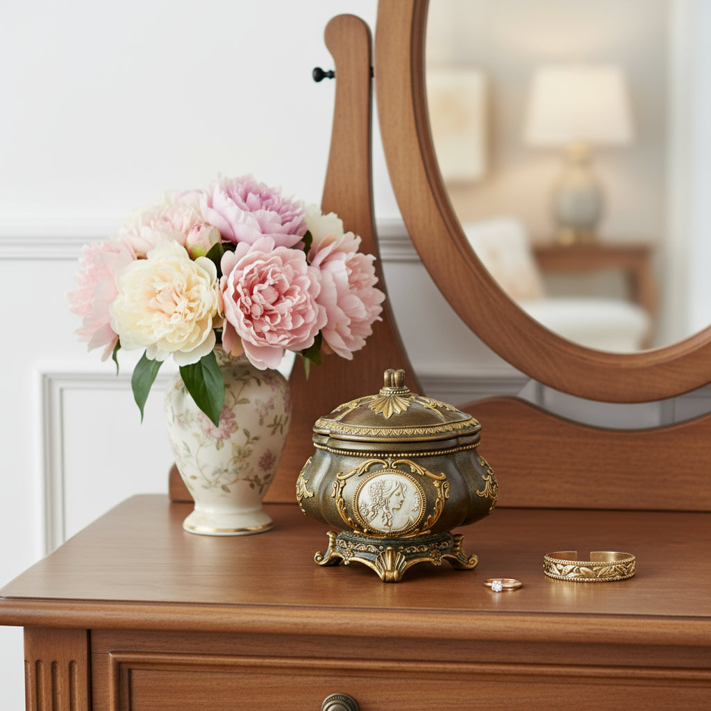 9" Bronze Gold And White Resin Floral Scroll Jewelry Box With Lacquer and High-Gloss Finishes