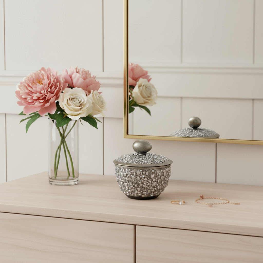 9" Silver Resin Jewelry Box With Gemstones and Crystals