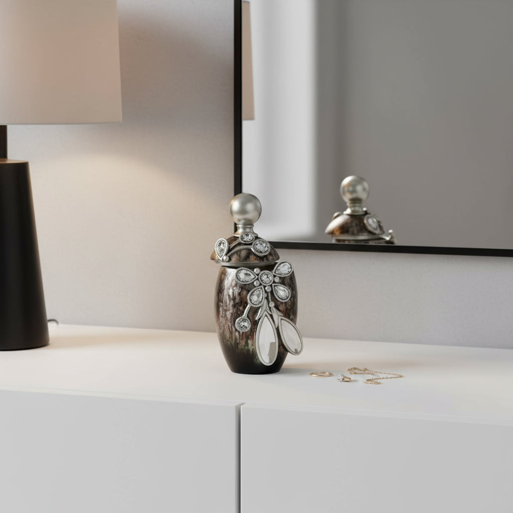 6" Brown Gold And Silver Resin Floral Scroll Jewelry Box With Gemstones and Crystals