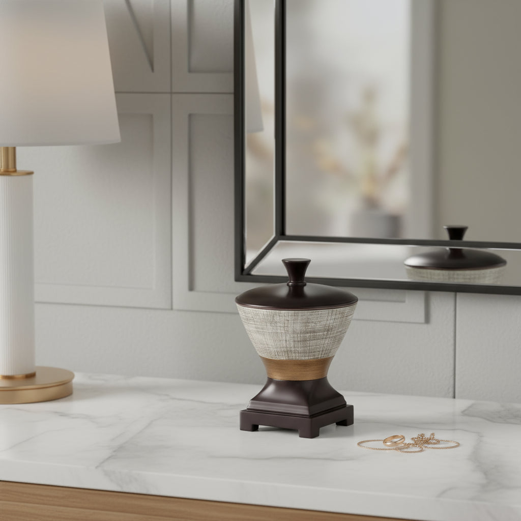 7" Espresso Gold And Silver Resin Striped Jewelry Box With Hand-Painted Designs