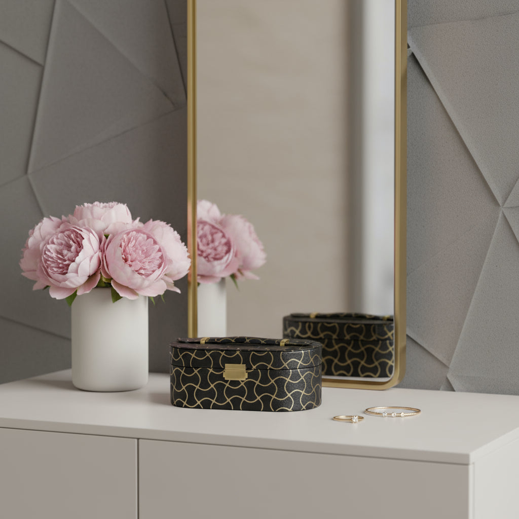 10" Black And Gold Faux Leather Abstract Scroll Jewelry Box Travel Case With Mirror