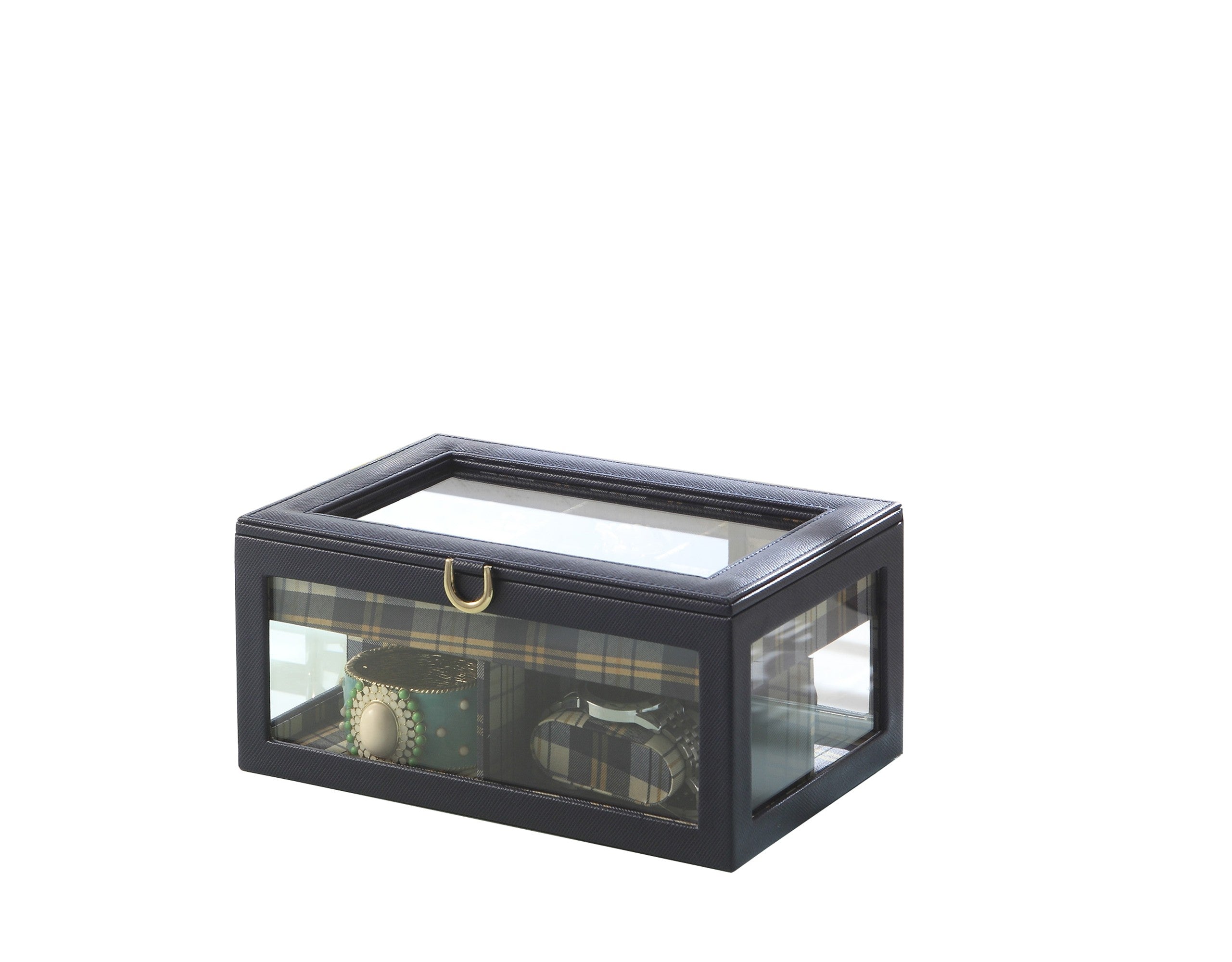 10" Blue And Clear Faux Leather And Glass Nine Section Checkered Watch Box With Metal Accents