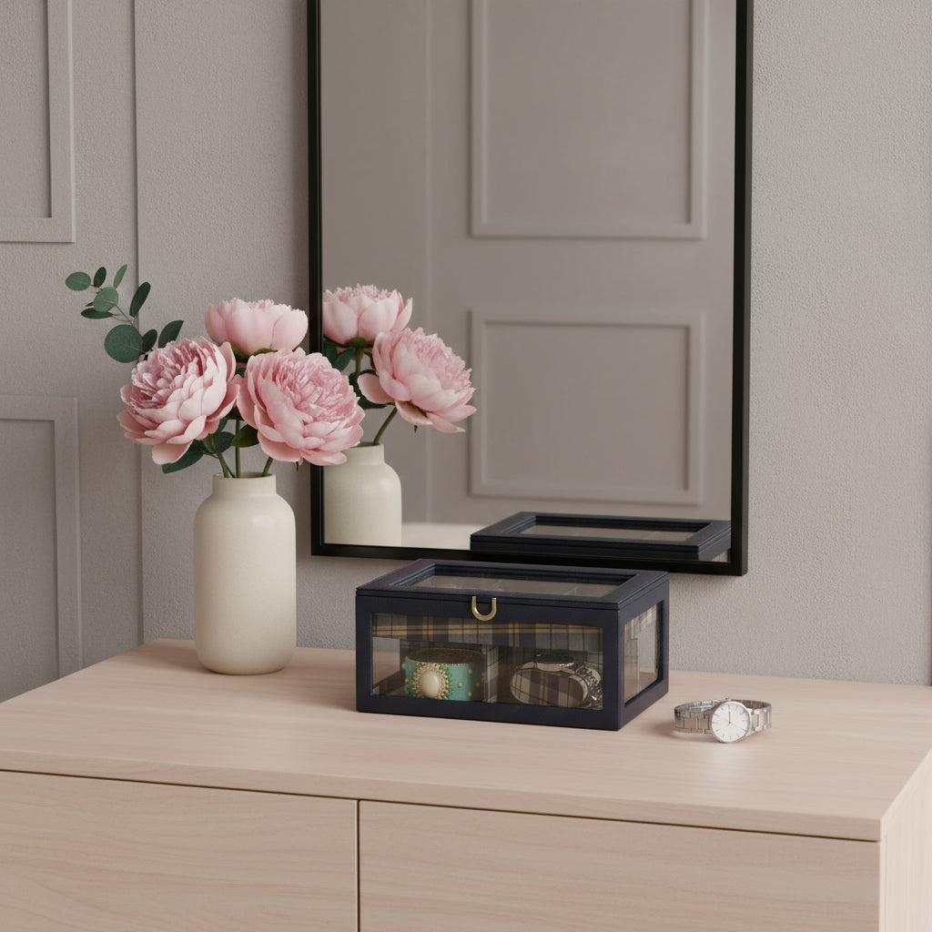 10" Blue And Clear Faux Leather And Glass Nine Section Checkered Watch Box With Metal Accents