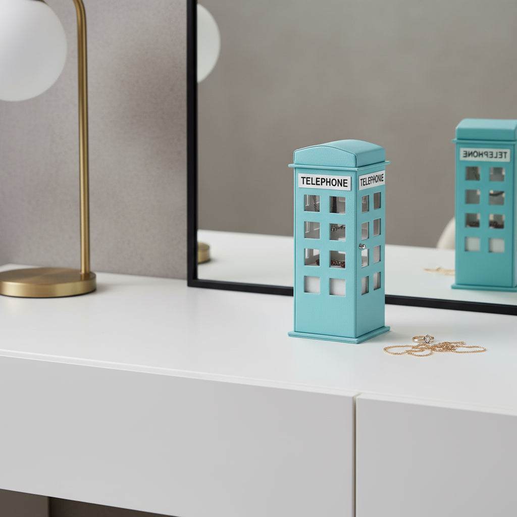 12" Aqua And White Faux Leather Telephone Booth Jewelry Box