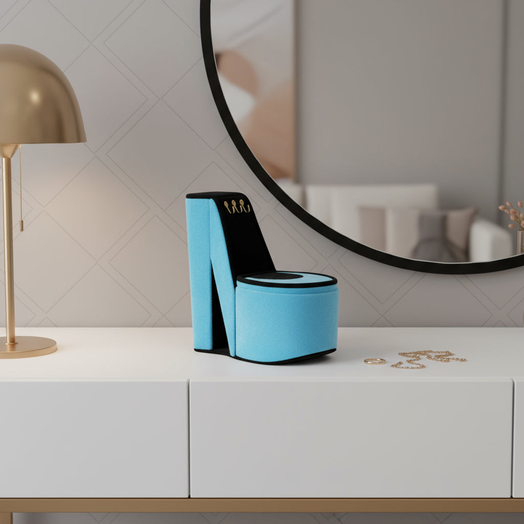9" Turquoise Black And Gold Velvet High Heel Jewelry Box
