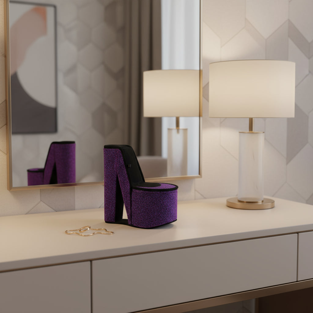 9" Purple And Black Glitter Velvet High Heel Jewelry Box