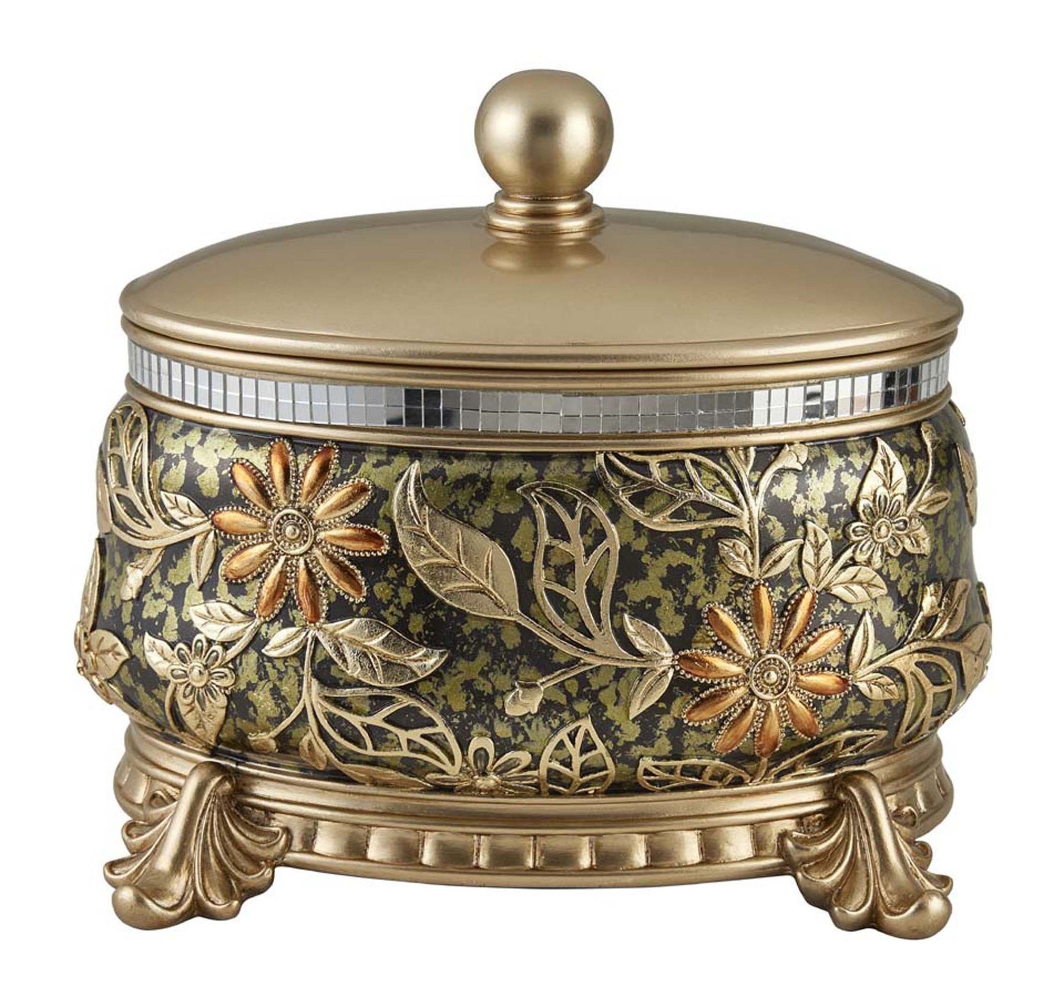 10" Gold Green And Silver Resin Floral Scroll Jewelry Box With Metal Accents