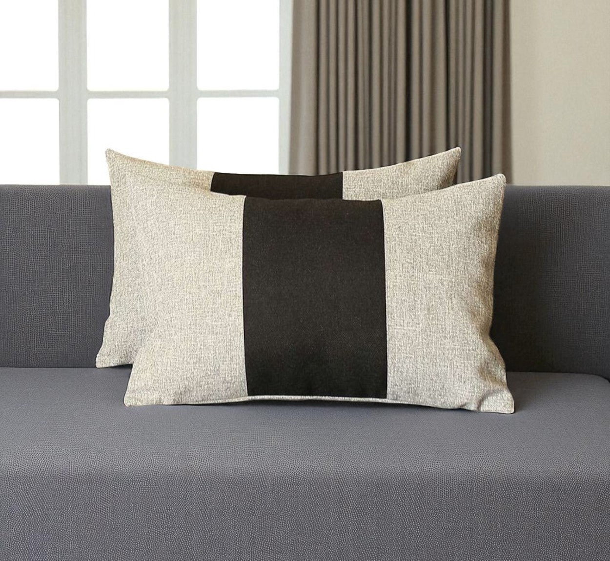 Set of Two 12" X 20" Black And Gray Lumbar Throw Pillows