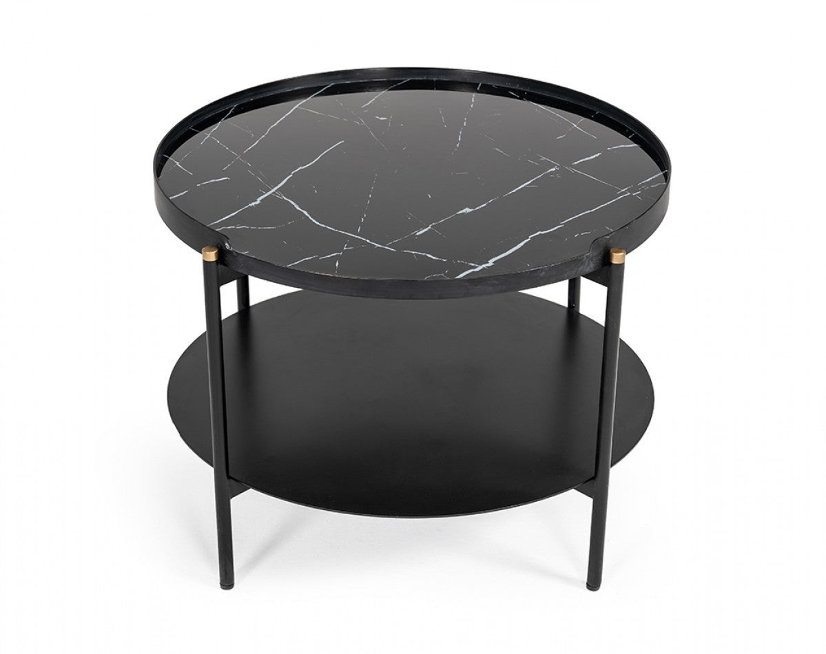 24" Black Faux Marble And Metal Round Coffee Table With Shelf