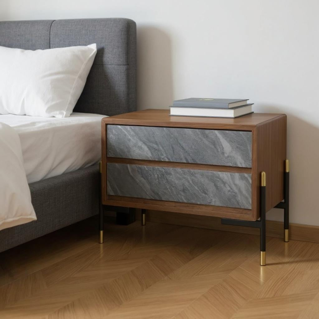 Mid Century Walnut and Gray Faux Marble Two Drawer Nightstand