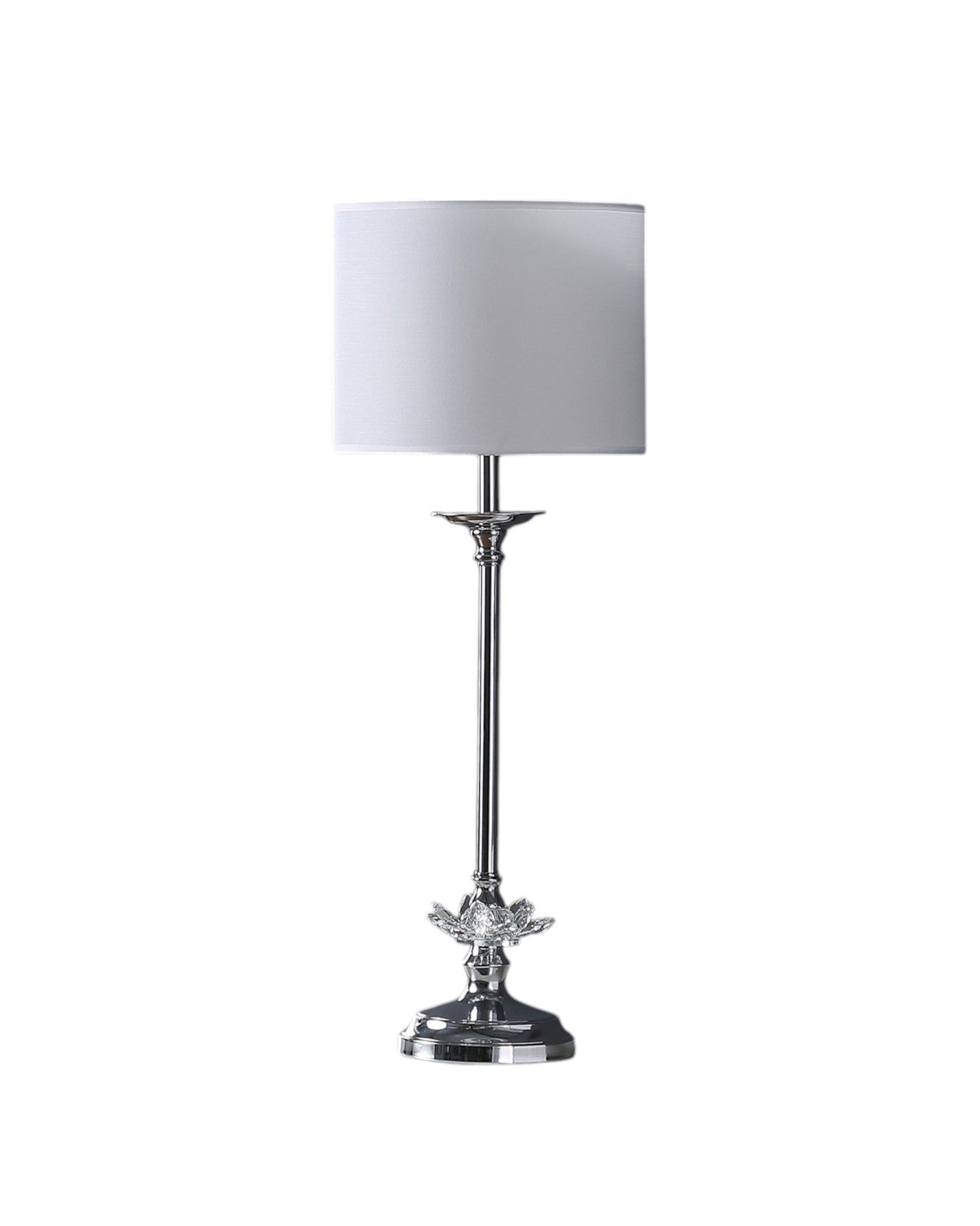 26" Silver Metal And Faux Crystal Table Lamp With White Cylinder Shade