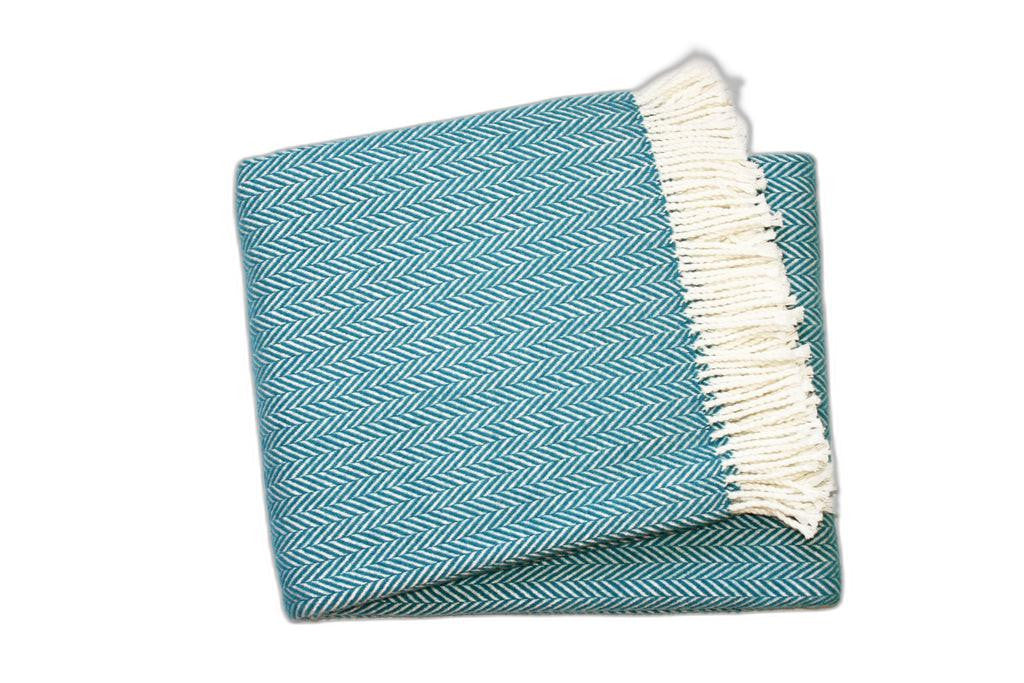 70" X 55" Teal Blue And White Cotton Blend Woven Herringbone Plush Throw Blanket with Tassels