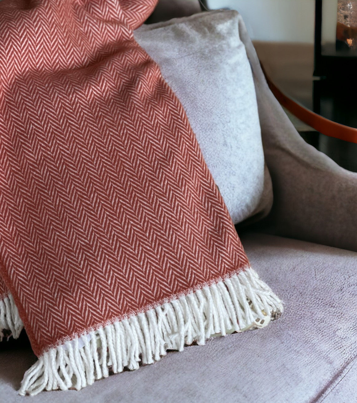 70" X 55" Orange And White Cotton Blend Woven Herringbone Plush Throw Blanket with Tassels