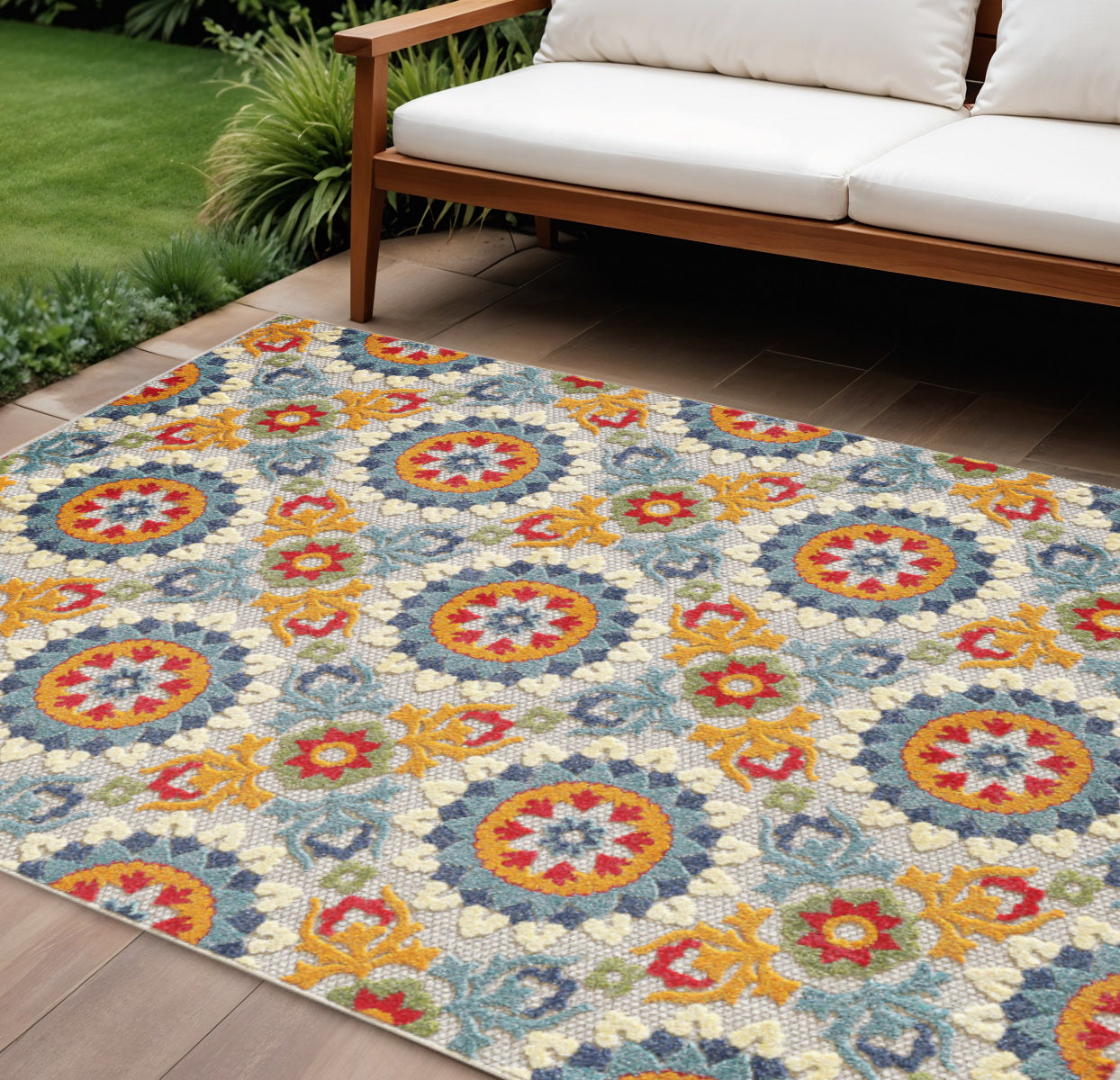 7' X 9' Orange And Ivory Indoor Outdoor Area Rug