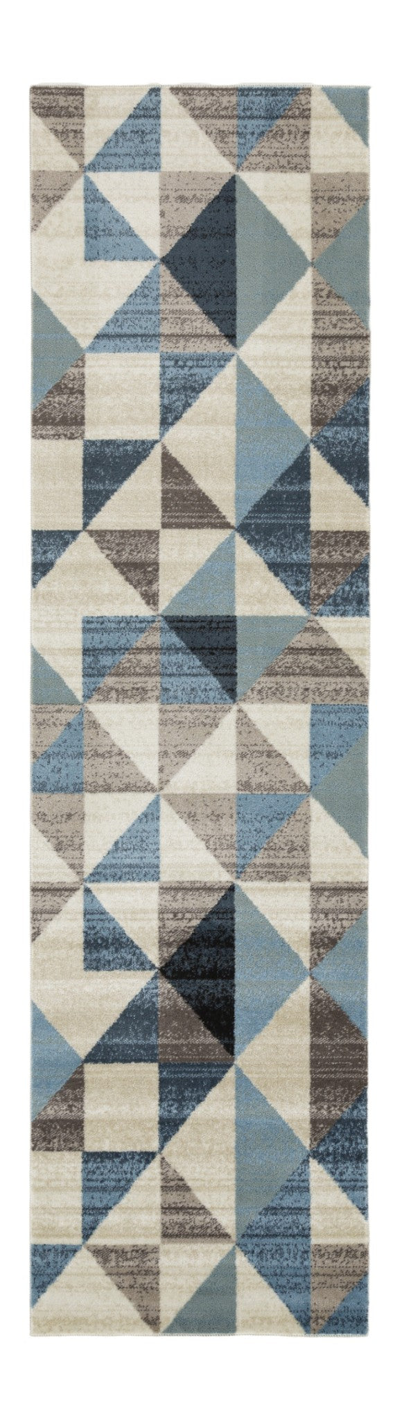 8' Beige Blue And Gray Geometric Runner Rug
