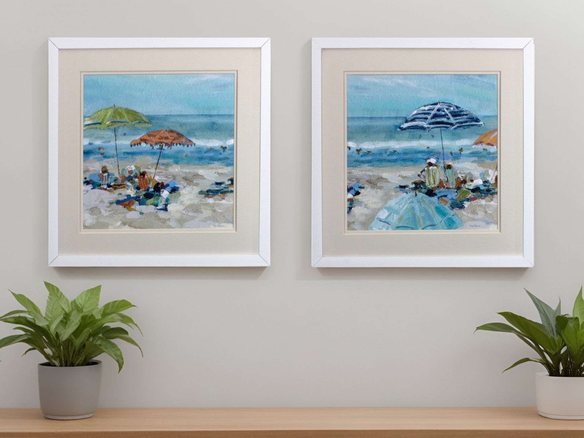 Set of Two Blue Day At The Beach Square Framed Art
