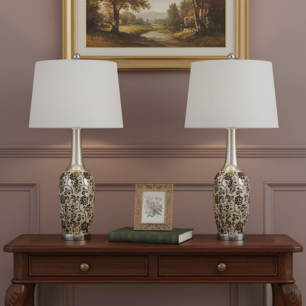 Set Of Two 30" Silver Metal Two Light Bedside Table Lamps With White Globe Shade