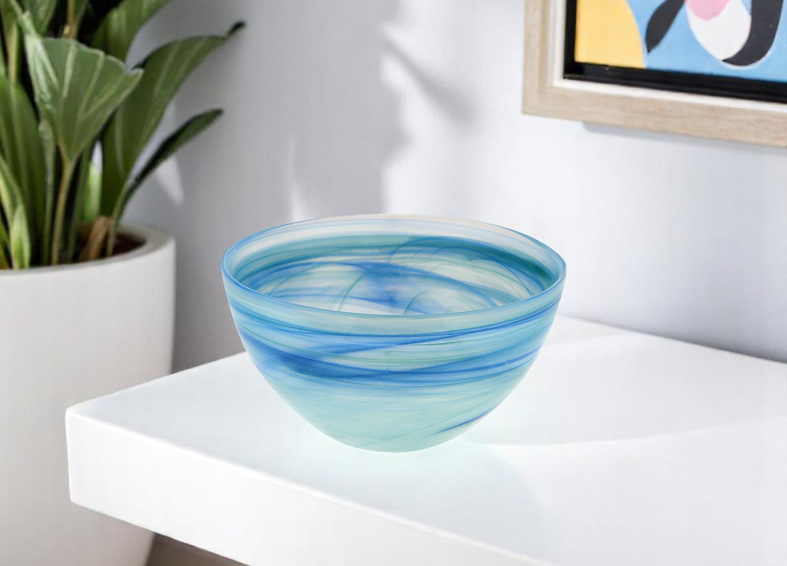 Set of Two 6" Aqua Blue And White Alabaster Glass Round Candy or Nut Bowls