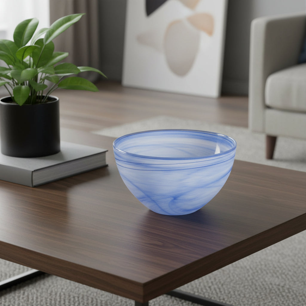 6" Blue And White Alabaster Glass Round Candy or Nut Bowl