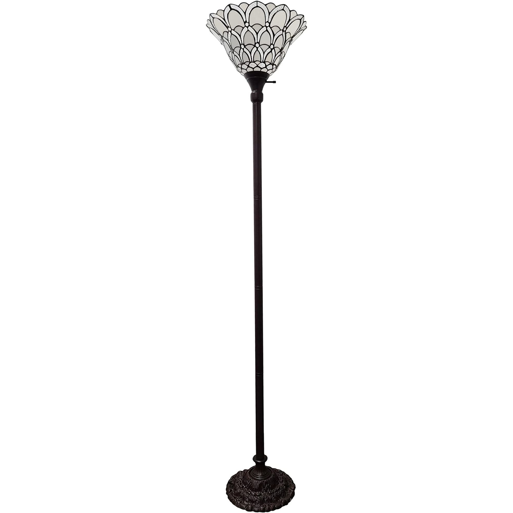62" Brown And White Floor Lamp With White Peacock Feather Glass Bell Shade