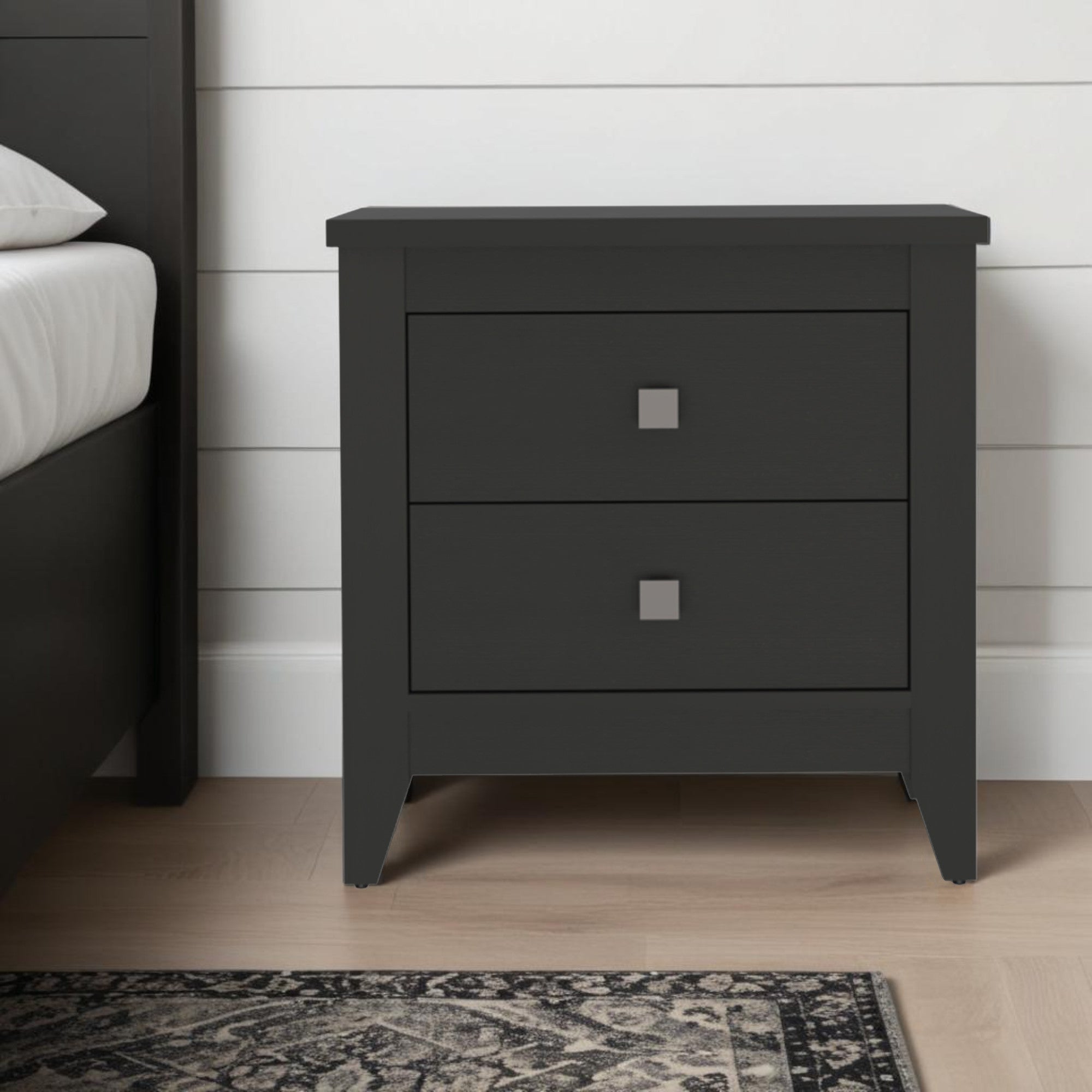 24" Black Wood Two Drawer Nightstand