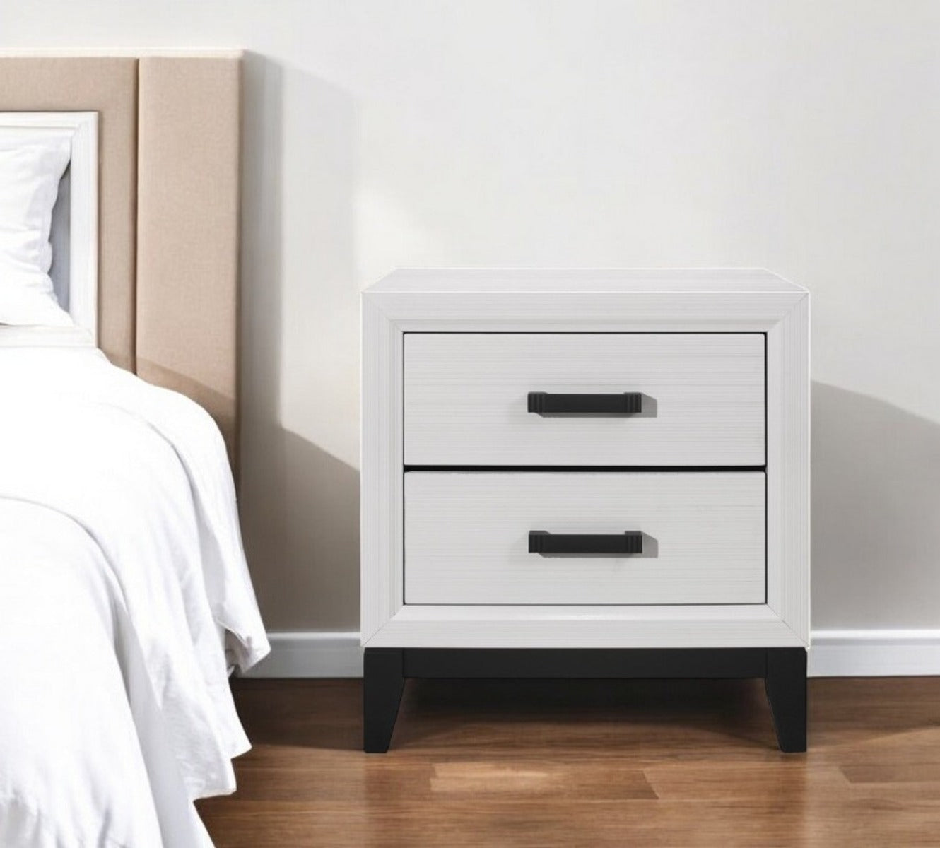 25" White Wood Two Drawer Nightstand