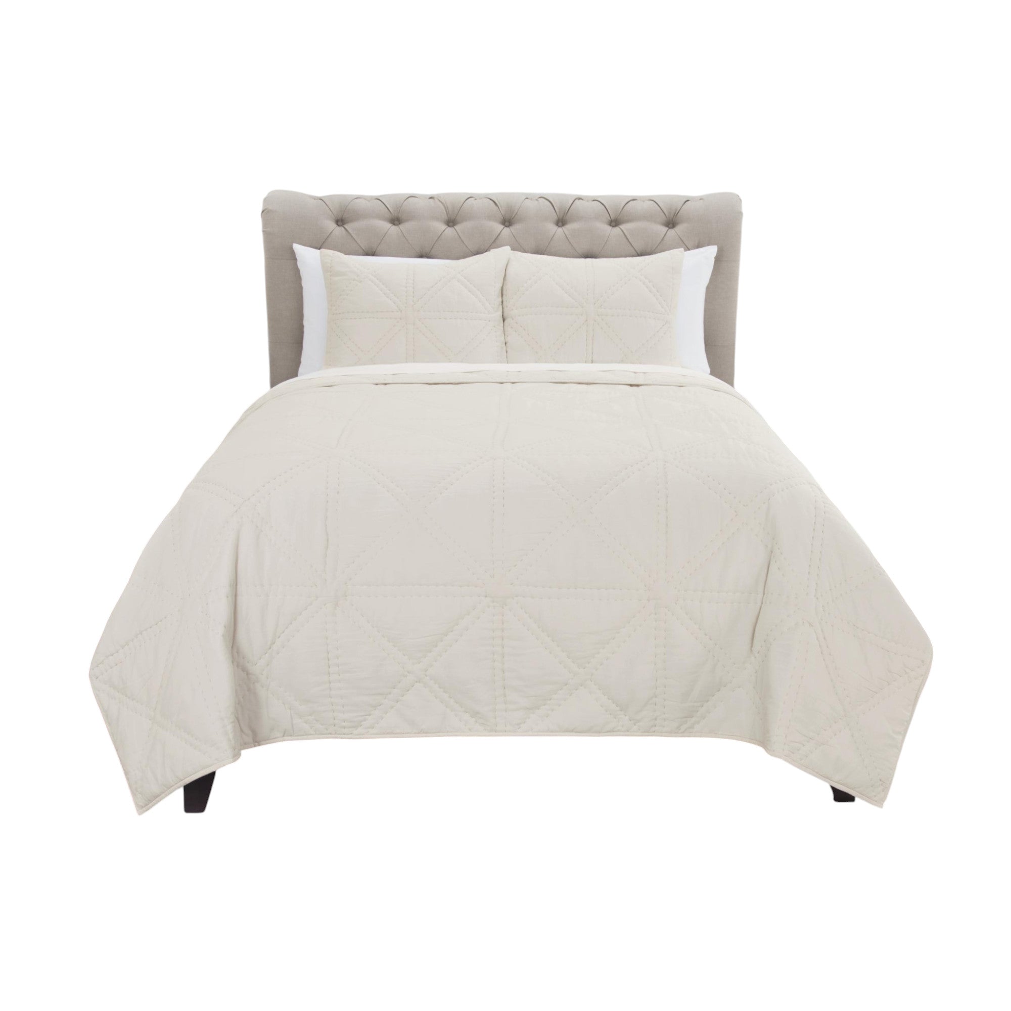 Set of Three Ivory Geometric Queen Quilt