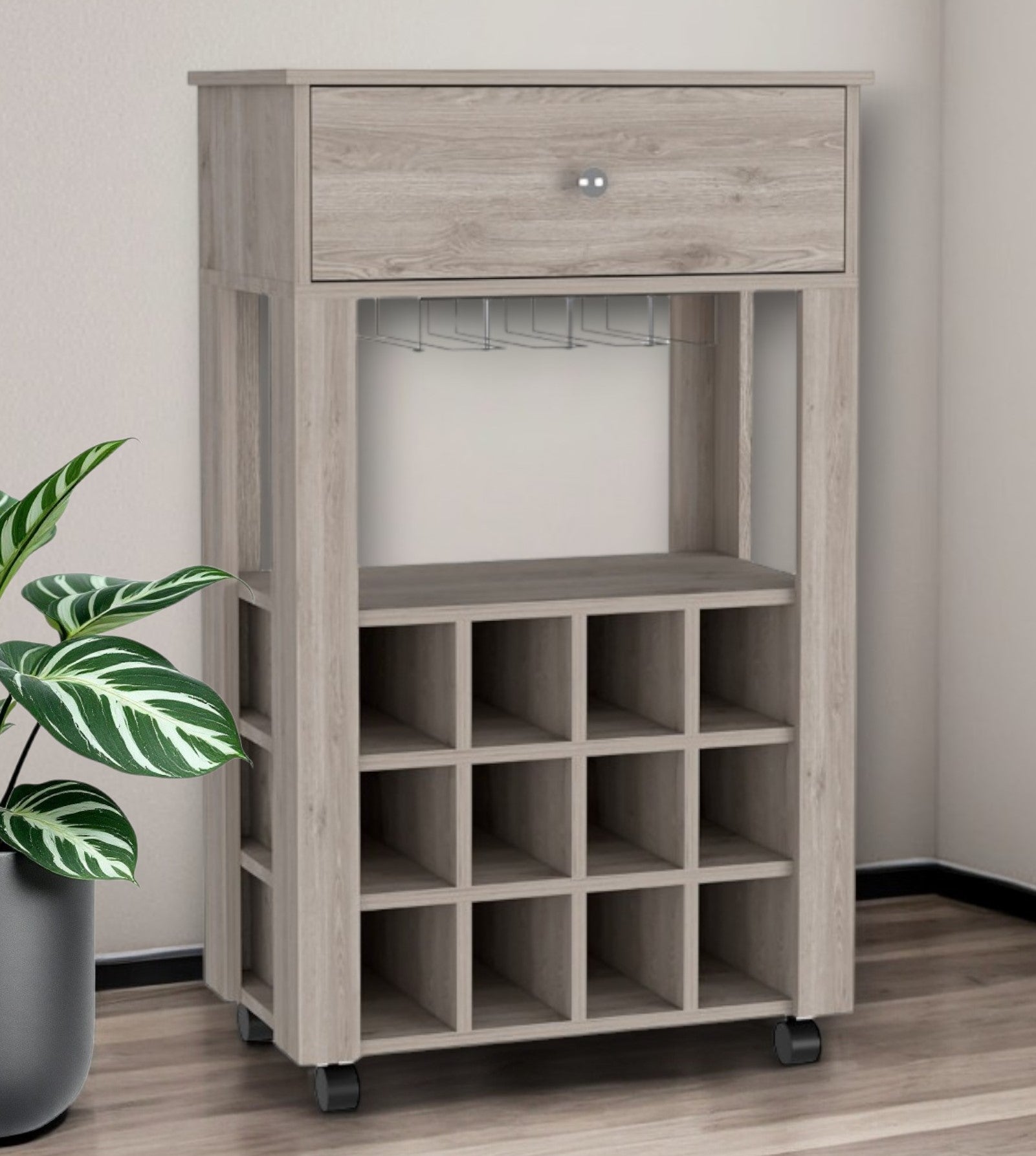 Light Gray Rolling Bar Cart With Wine Storage