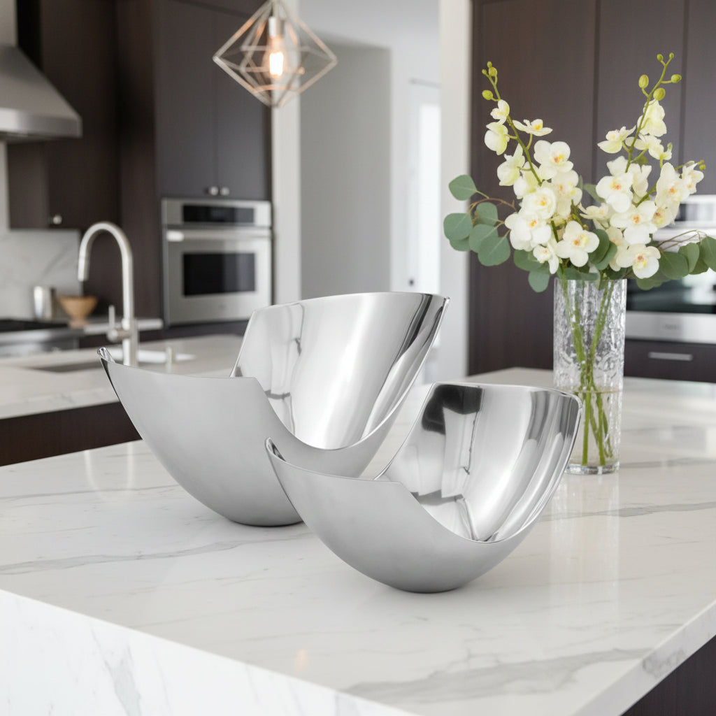 Set of Two Mod Aluminum Scoop Centerpiece Bowls