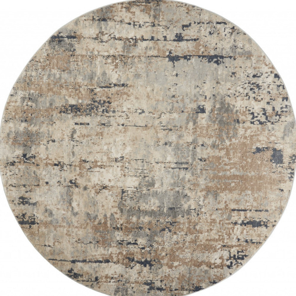 8' Beige And Ivory Abstract Distressed Round Rug