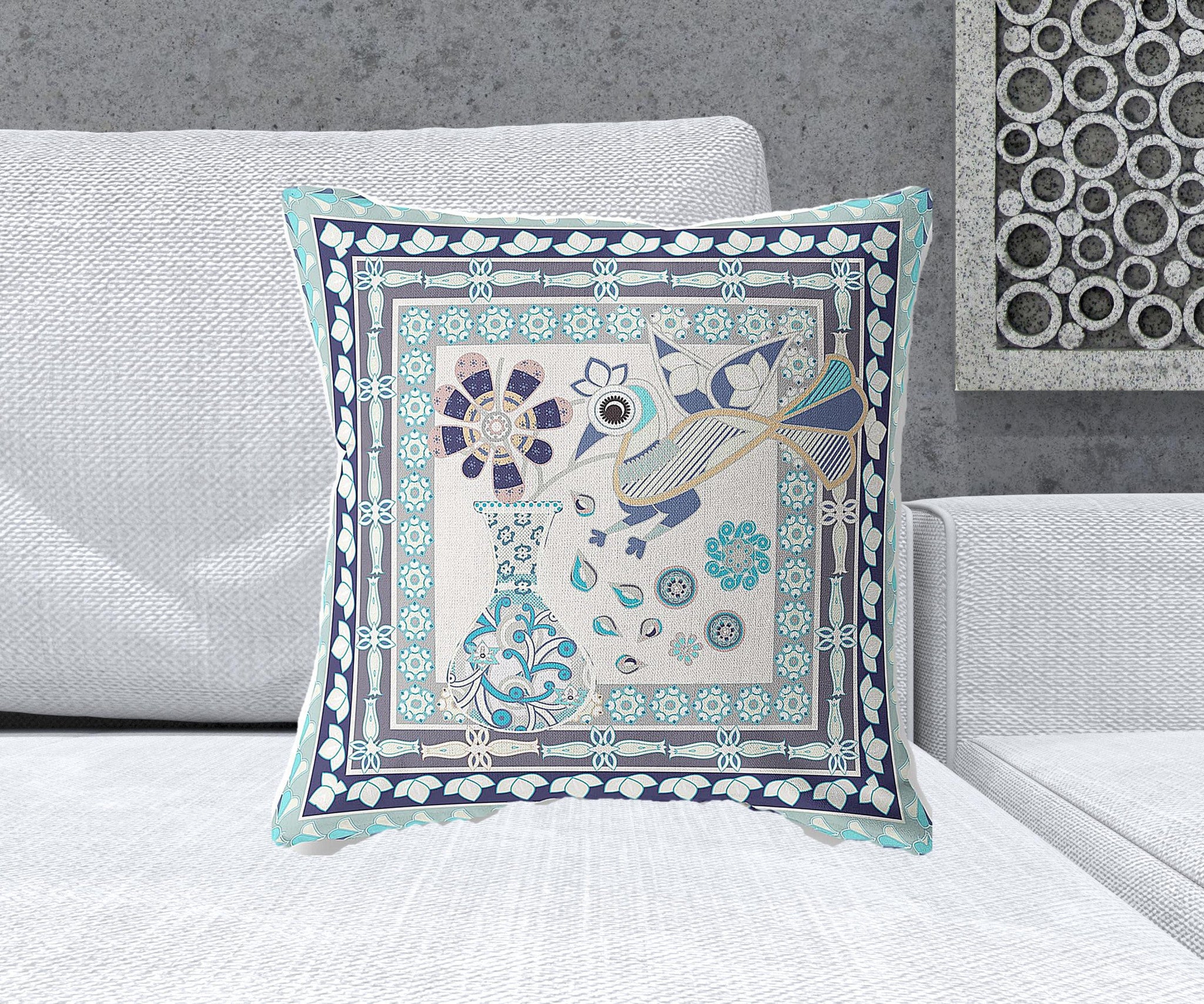 20" x 20" Beige Peacock Blown Seam Floral Indoor Outdoor Throw Pillow