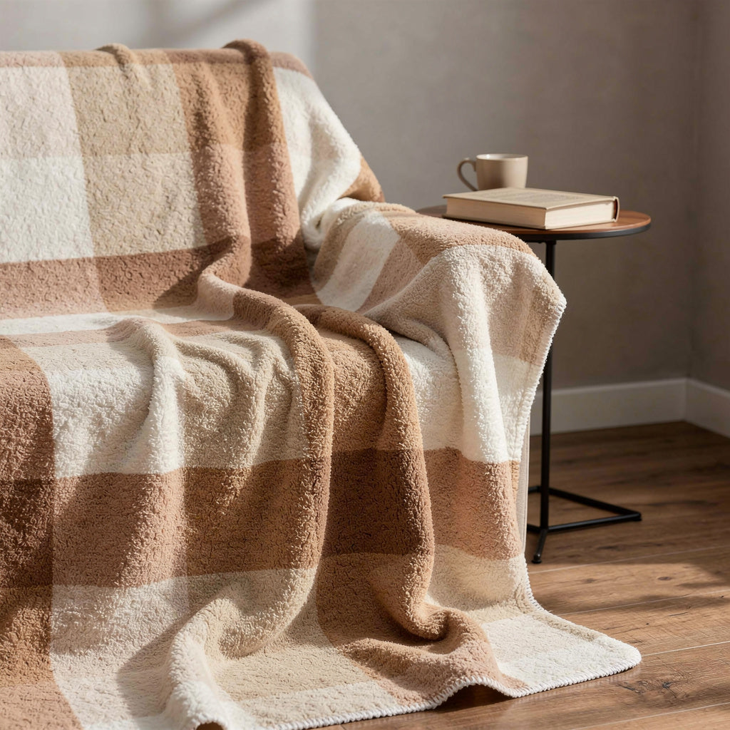 50" X 60" Ivory And Taupe Faux Sherpa Plaid Throw Blanket