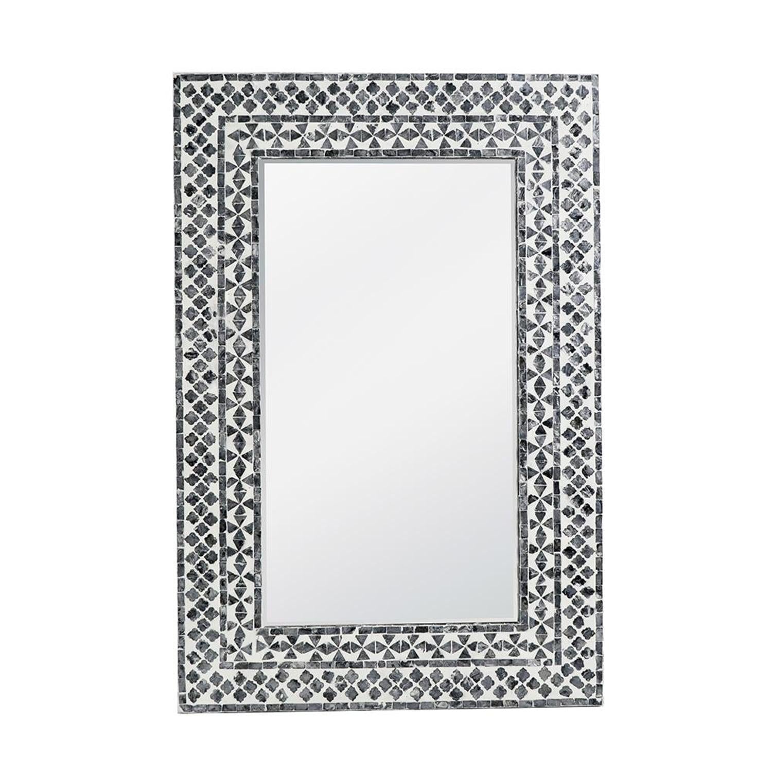 36" Black And White Geometric Mosaic Capiz Shell Framed Accent Mirror