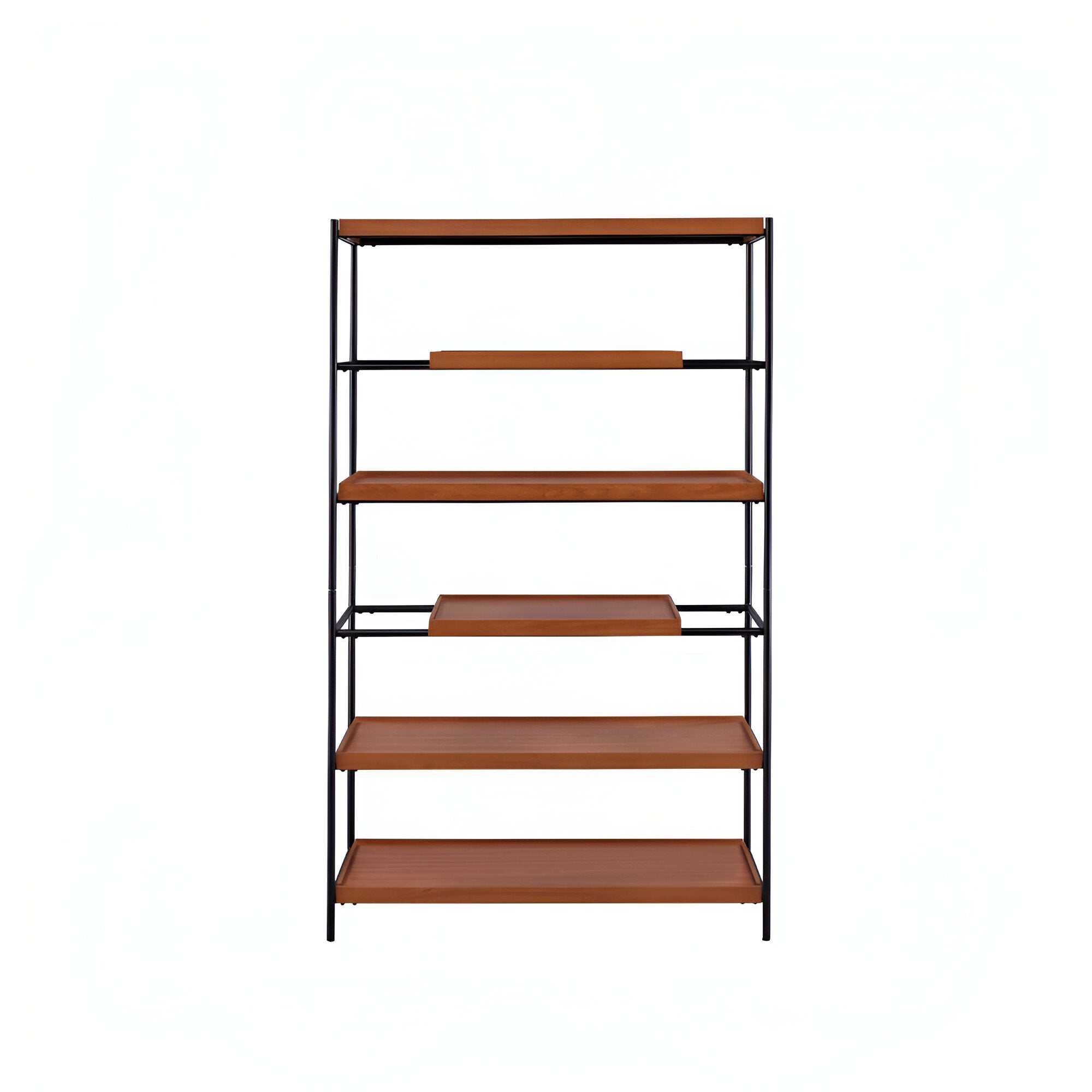 70" Oak And Black Metal and Wood Six Tier Etagere Bookcase