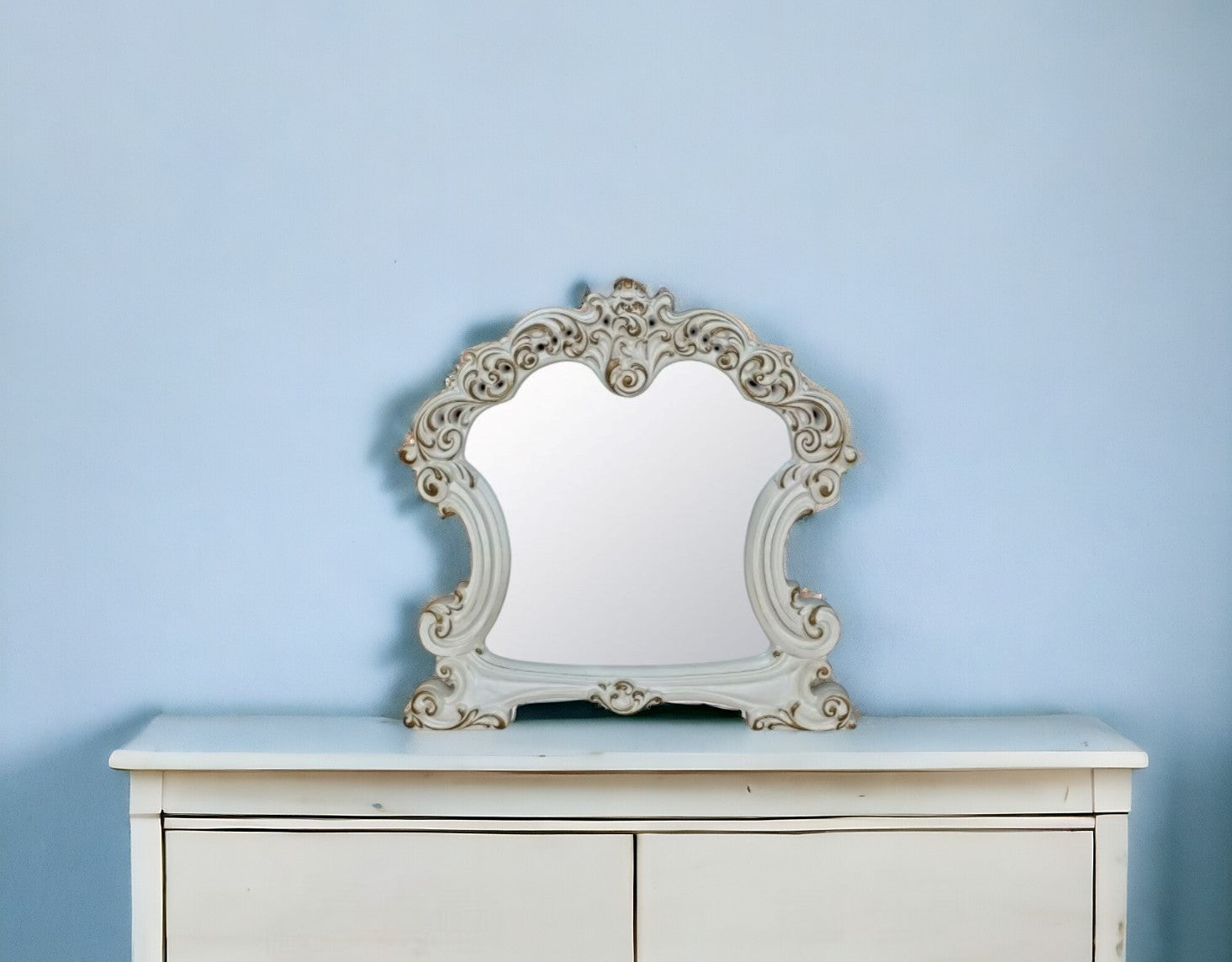 45" White Abstract Wood Framed Mounted Dresser Mirror